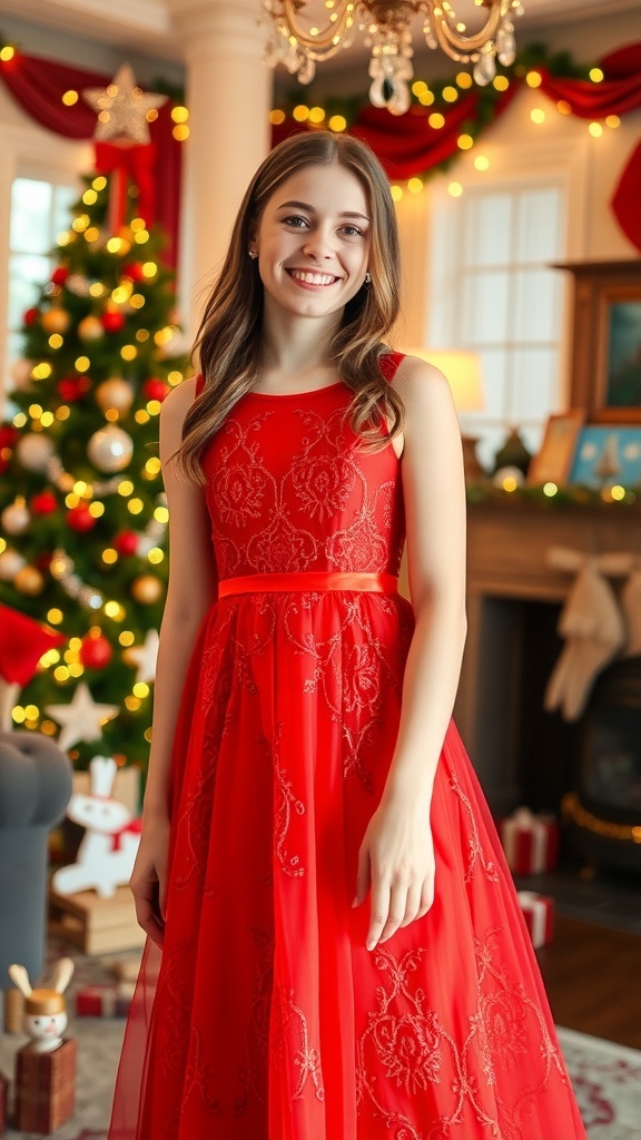 Teenage girl in a red Christmas dress with lace details, smiling in a decorated living room.